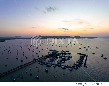 Aerial view sunset or sunrise sky over sea with mountains 122701455