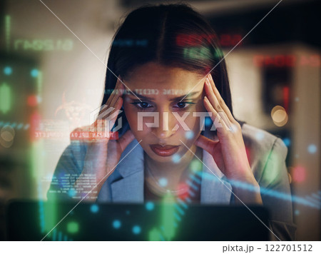Headache, stressed and serious frustrated finance trader feeling bad, tired and unhappy with her financial stock investments. Upset, worried and worried female thinking while working on her computer 122701512