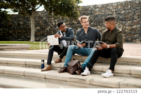 Startup entrepreneur team or friends planning business strategy with a laptop and digital tablet outdoors. Diverse, young and creative men in collaboration, sitting and discussing project together. 122701515