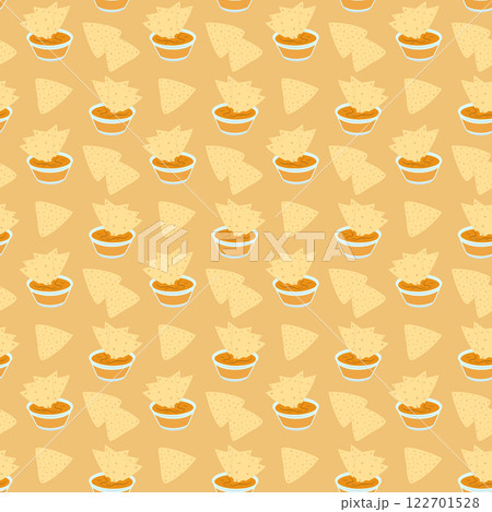 Nacho dipping cheese sauce in glass gravy boat Monochrome Seamless pattern Nacho Day Background idea 122701528