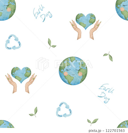 Seamless pattern of Happy Earth Day. International Mother Earth Day design. Watercolor hand drawn illustration for fabric, textile, wallpaper, packaging. Recycling, upcycling and downcycling signs 122701563