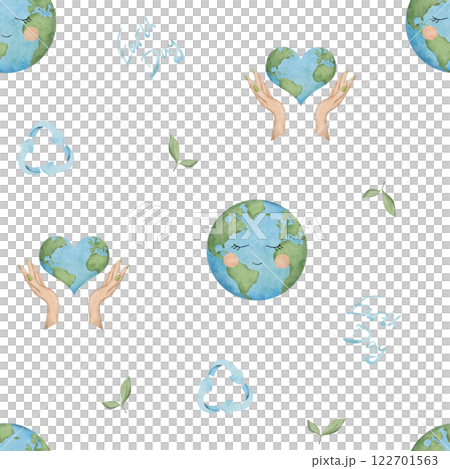 Seamless pattern of Happy Earth Day. International Mother Earth Day design. Watercolor hand drawn illustration for fabric, textile, wallpaper, packaging. Recycling, upcycling and downcycling signs 122701563