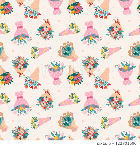 Bouquet of flowers, flowers, hearts, holiday, beautiful bouquets of flowers in a wrapper, seamless pattern 122701606