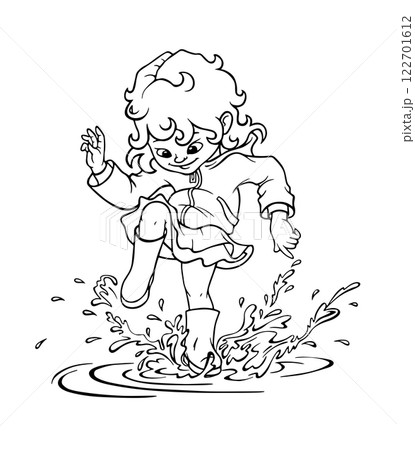 Coloring page with child girl in rubber boots jumping, splashing and stomping joyfully in puddle after the rain in spring, summer or autumn. Happy childhood concept. Hand drawn outline illustration Coloring page with child girl in rubber boots jumping, splashing and stomping joyfully in puddle after the rain in spring, summer or autumn. Happy childhood concept. Hand drawn outline illustration 122701612
