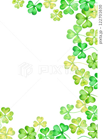 Vertical frame of shamrock, four leaf clover for St. Patrick's Day. Watercolor, marker illustration. Hand drawn isolated art. Clover talisman. Botanical background with text space, copy spaces. Vertical frame of shamrock, four leaf clover for St. Patrick's Day. Watercolor, marker illustration. Hand drawn isolated art. Clover talisman. Botanical background with text space, copy spaces. 122701630