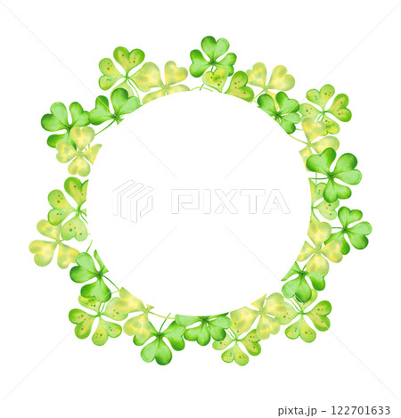 Round frame of shamrock and four leaf clover for St. Patrick's Day. Watercolor and marker illustration. Hand drawn isolated art. Botanical background with copy space, place for holiday text. Round frame of shamrock and four leaf clover for St. Patrick's Day. Watercolor and marker illustration. Hand drawn isolated art. Botanical background with copy space, place for holiday text. 122701633