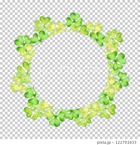 Round frame of shamrock and four leaf clover for St. Patrick's Day. Watercolor and marker illustration. Hand drawn isolated art. Botanical background with copy space, place for holiday text. Round frame of shamrock and four leaf clover for St. Patrick's Day. Watercolor and marker illustration. Hand drawn isolated art. Botanical background with copy space, place for holiday text. 122701633