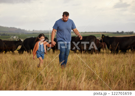 Farmer father, child or family with cows on a farm, grass field or countryside. Sustainability or environmental dad and girl with cattle in background for meat, beef or agriculture growth industry Farmer father, child or family with cows on a farm, grass field or countryside. Sustainability or environmental dad and girl with cattle in background for meat, beef or agriculture growth industry 122701659