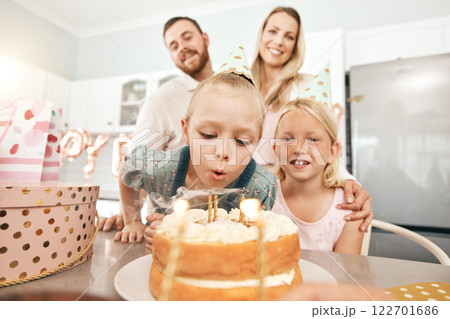 Children birthday party, cake and candles for blowing out with mother, father or sister in home kitchen. Fun, excited or happy kids celebrating, enjoying and having fun with parents on special event 122701686