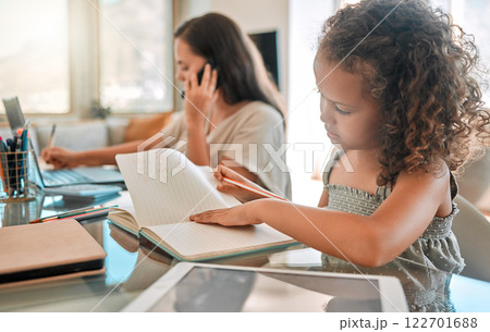 Distance learning, independent or child development of a little girl studying from home and writing in a notebook. Young child doing online education with a busy mother or single parent Distance learning, independent or child development of a little girl studying from home and writing in a notebook. Young child doing online education with a busy mother or single parent 122701688