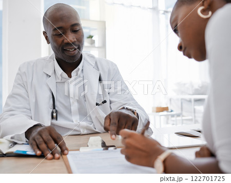 Doctor, patient and signing insurance paper while talking and pointing at consent form in clinic, hospital and health center. Consulting, medical checkup and medicine research with healthcare worker 122701725
