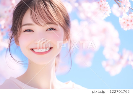 サクラと笑顔の女性「AI生成画像」 122701763