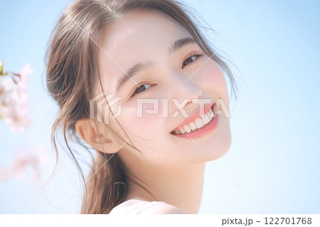 サクラと笑顔の女性「AI生成画像」 122701768