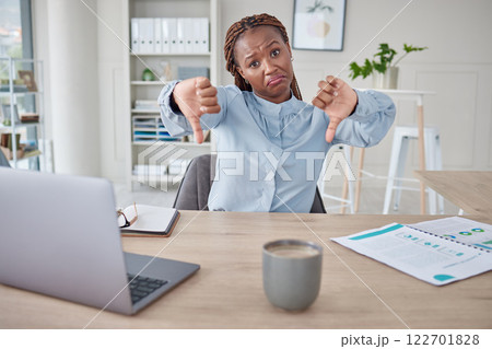 Thumbs down, inflation and economy crisis with a manager, boss or supervisor giving a negative review. Supervisor reject or refuse a job application. Banker has to reject finance or a home loan 122701828