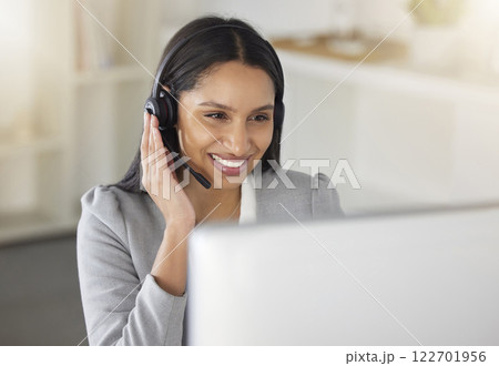 Call center agent or CRM business woman talking on phone with headset and computer offering client support and help. Contact us for telemarketing worker or customer service support consultant. Call center agent or CRM business woman talking on phone with headset and computer offering client support and help. Contact us for telemarketing worker or customer service support consultant. 122701956