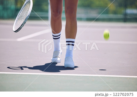 Fitness, tennis and sports legs of woman with racket and ball walking on court after serving in training, workout or exercise. Sporty shoes, active or healthy player losing match, game or competition 122702075