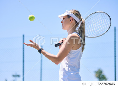 Sports, tennis ball and player ready to play a game on the court for fitness, healthy and exercise training in summer. Girl, woman and athlete with energy playing a fun game for an outdoor workout Sports, tennis ball and player ready to play a game on the court for fitness, healthy and exercise training in summer. Girl, woman and athlete with energy playing a fun game for an outdoor workout 122702083