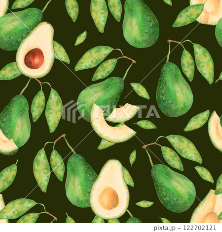 Fruit seamless pattern avocado with leaves and slices. Watercolor and marker illustration. Hand drawn isolated art. Botanical texture for healthy food for printing on fabric, paper, juice packaging. Fruit seamless pattern avocado with leaves and slices. Watercolor and marker illustration. Hand drawn isolated art. Botanical texture for healthy food for printing on fabric, paper, juice packaging. 122702121