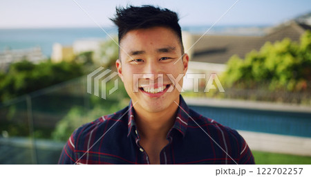 Outdoor, portrait and Asian man with smile, travel and summer holiday with adventure. Japanese person, traveller or guy with weekend break, vacation and explore with journey, ocean or positive energy Outdoor, portrait and Asian man with smile, travel and summer holiday with adventure. Japanese person, traveller or guy with weekend break, vacation and explore with journey, ocean or positive energy 122702257
