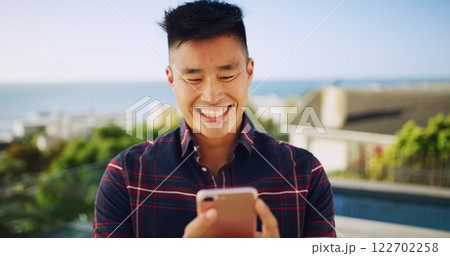 Outdoor, smile and Asian man with smartphone, typing and travel with hotel booking. Japanese person, traveller and guy with cellphone, digital app for activity schedule and social media with internet 122702258