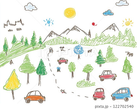 Hand drawing of a road with cars, trees, sun and mountains Hand drawing of a road with cars, trees, sun and mountains 122702540