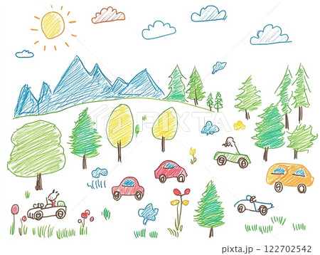 A child's colorful drawing of a the landscape with cars and trees on a white background. The drawing is simplistic and charming kids style 122702542