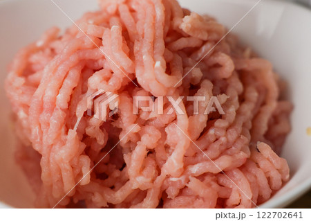 The concept of healthy and proper nutrition, dietary recipe, cooking. Close-up of minced chicken in a deep white bowl. High quality photo 122702641