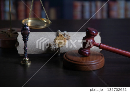 Last will and testament with wooden judge gavel document 122702681