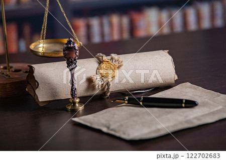 Last will and testament with wooden judge gavel document 122702683