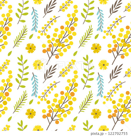 Spring seamless mimosa flowers. Summer yellow flowers fabric design Spring seamless mimosa flowers. Summer yellow flowers fabric design 122702755