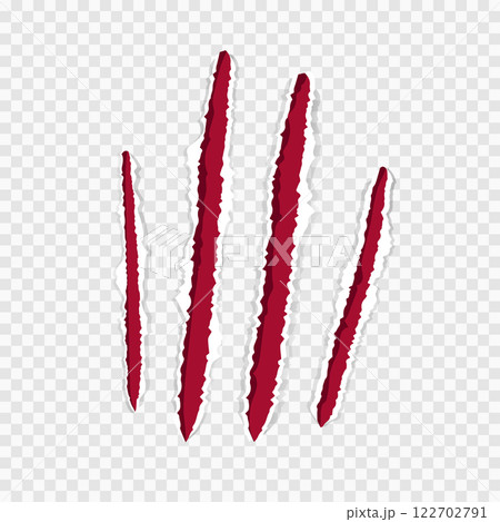 Cat claws red scratches, torn paper edge isolated on transparent background realistic. Damaged surface textured holes. Cat claws red scratches, torn paper edge isolated on transparent background realistic. Damaged surface textured holes. 122702791