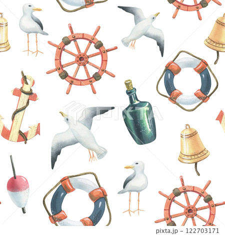 Watercolor illustration with anchor, seagulls, steering wheel, lifebuoy, rynda, bottle, float. Seamless pattern on the theme of sea fishing. For decoration and design of, fabrics, textiles, wallpaper 122703171