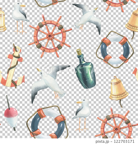 Watercolor illustration with anchor, seagulls, steering wheel, lifebuoy, rynda, bottle, float. Seamless pattern on the theme of sea fishing. For decoration and design of, fabrics, textiles, wallpaper 122703171