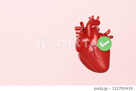 3d realistic human heart with check mark isolated on pink background. health check concept, 3d illustration render 122703419