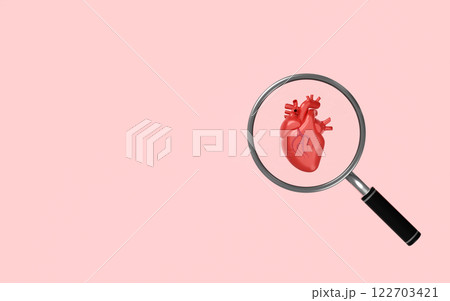 3d realistic human heart with magnifying glass isolated on pink background. health check concept, 3d illustration render 3d realistic human heart with magnifying glass isolated on pink background. health check concept, 3d illustration render 122703421