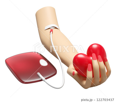 blood bag with hand arm, heart  isolated. blood donation, world blood donor day concept, 3d illustration render 122703437