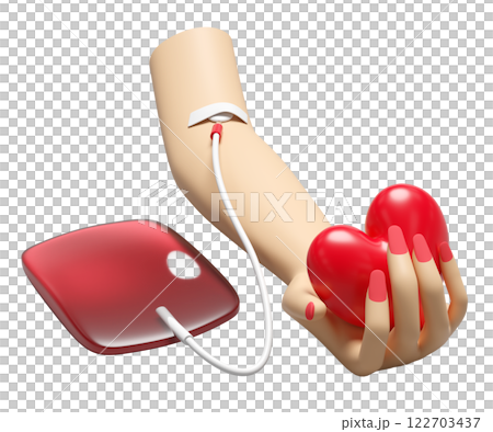 blood bag with hand arm, heart  isolated. blood donation, world blood donor day concept, 3d illustration render 122703437