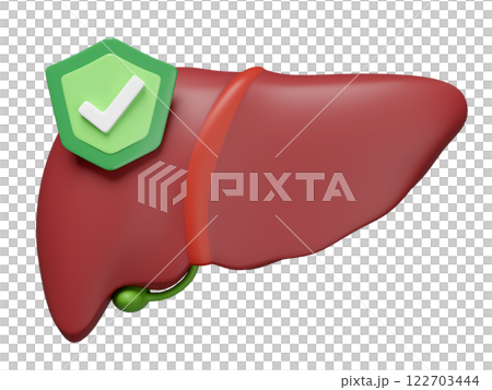 3d realistic human liver with shield,check mark isolated. liver care prevention treatment concept, 3d illustration render 122703444