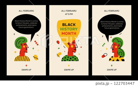 Set of 3 modern social media story templates celebrating Black History Month, featuring a stylized portraits with bold afro typography and speech bubbles. 122703447