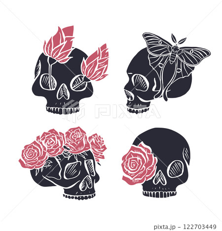 Hand drawn inky floral human skull with rose in the eye silhouettes set isolated on white background Hand drawn inky floral human skull with rose in the eye silhouettes set isolated on white background 122703449