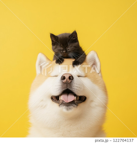 笑顔の犬と無邪気な子猫の心温まるシーン 122704137