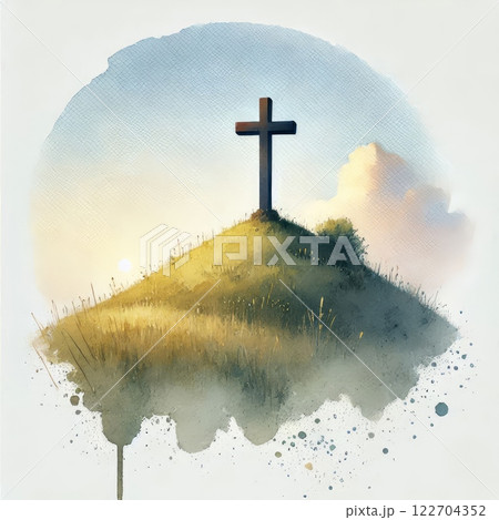 Wooden cross on a grassy hill at sunrise, watercolor illustration with splashes, symbolizing faith, hope, and spirituality 122704352