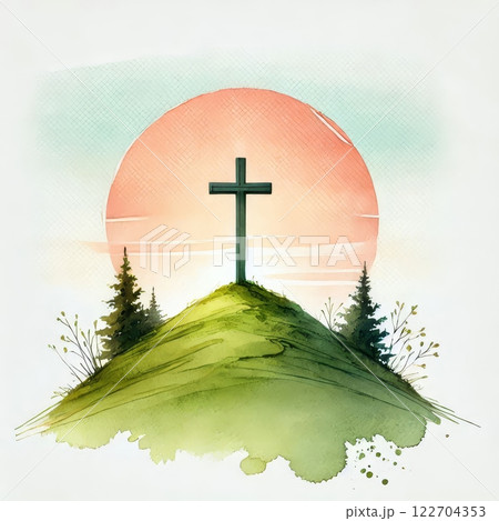 Cross on a green hill with trees at sunset, watercolor illustration with warm tones, symbolizing faith, peace, and hope 122704353