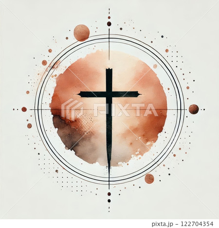 Black cross centered on a watercolor abstract background with circular geometric elements in brown and beige tones 122704354