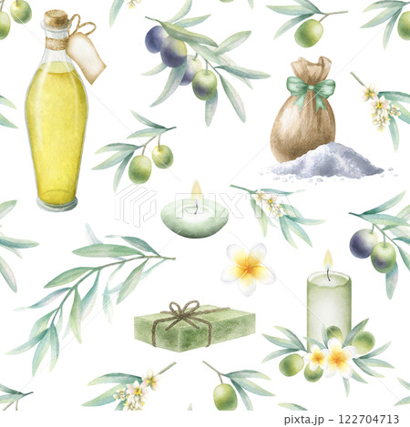 Olive oil in glass bottle, soap aleppo, sea salt scattered and in sack, candles, frangipani flowers and olive branches. Hand drawn watercolor isolated seamless pattern for package, spa salon design. 122704713