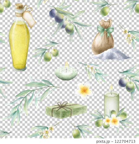 Olive oil in glass bottle, soap aleppo, sea salt scattered and in sack, candles, frangipani flowers and olive branches. Hand drawn watercolor isolated seamless pattern for package, spa salon design. 122704713
