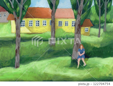 オイルパステルで描いた林の中の黄色い家と女性のイラストレーション 122704754
