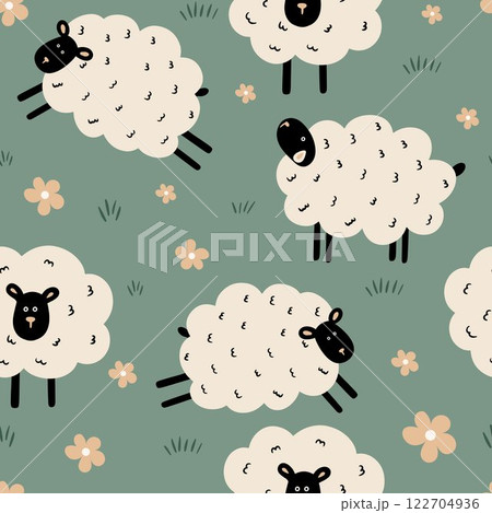 Seamless pattern with cute sheep and flowers Seamless pattern with cute sheep and flowers 122704936