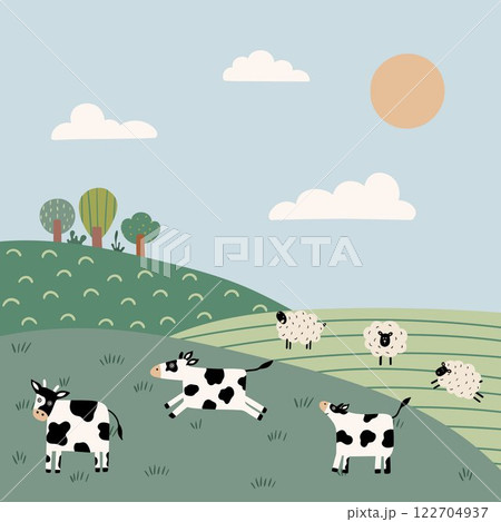 A peaceful meadow with cows and sheep  122704937