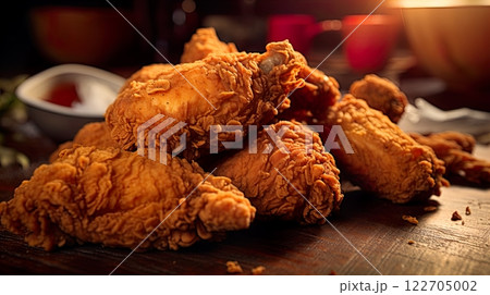 Fried chicken on a wooden table with smoke in the background. Generate Ai 122705002